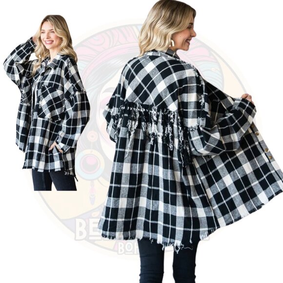 T822 OLI & HALI Black White Fringe Back Plaid Button Up Shacket - Picture 2 of 2